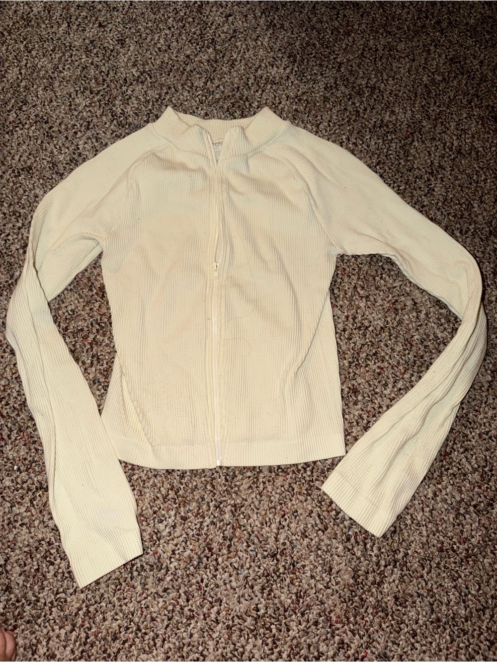 Cream Ribbed Zip-Up Long Sleeve Top